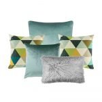 Photo of a cushion cover collection in grey and green colours in a set of 5