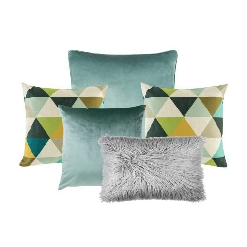 Photo of a cushion cover collection in grey and green colours in a set of 5