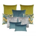 Photo of 9 set cushion cover collection in green, blue and grey colours.