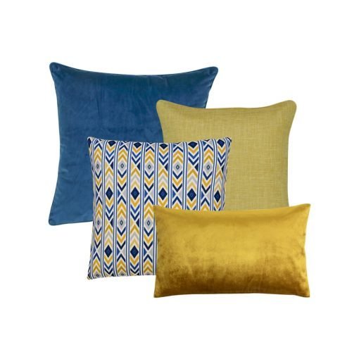 A set of four cushion cover including a single blue cushion, a yellow cushion, a blue and gold diamond pattern cushion cover and a single gold velvet rectangular cushion cover.