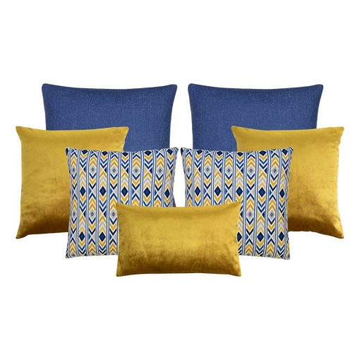 An image of seven cushion covers featuring two blue cushions, three gold cushions and two blue and yellow cushions with a chevron pattern