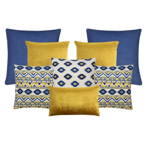 A set of eight cushion covers featuring two blue cushions, three mustard cushion covers and three blue and yellow patterned cushion covers.