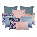 Image of a set of 9 blue and pink cushion covers in plain, floral print and faux fur