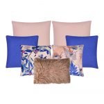 Image of 7 blue and pink cushion set in block and floral motif