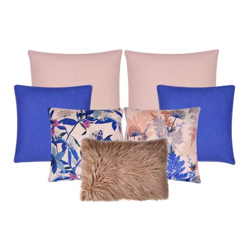Image of 7 blue and pink cushion set in block and floral motif