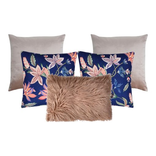 Photo of pink and blue cushion covers in velvet, floral and faux fur fabric in a set of 5