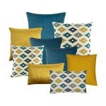 A set of 9 cushion covers with three blue cushion covers, three gold cushion covers and three cushion covers with a cross pattern design.