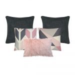 Photo of 5 square and rectangular cushions in pink, grey and charcoal colours