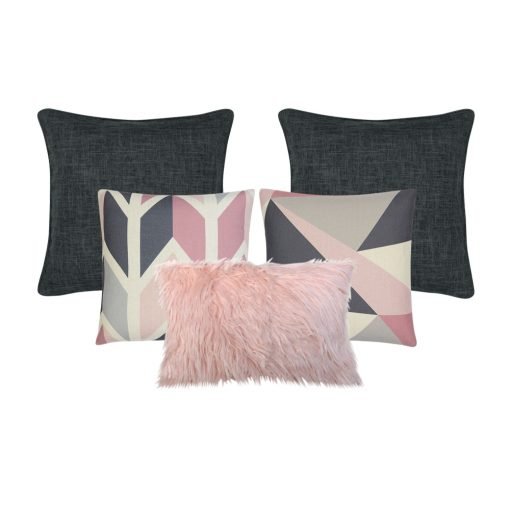 Photo of 5 square and rectangular cushions in pink, grey and charcoal colours
