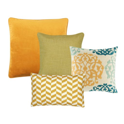 A collection of 4 cushions featuring one gold cushion cover, one yellow cushion cover, a paisley inspired design cushion cover and a rectangular yellow and white cushion cover.