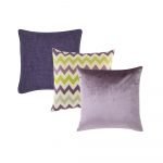 A collection of 3 purple, plum, lavender square cushions