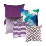 A set of 5 purple, plum, lilac square cushions with solid, diamond and zigzag patterns