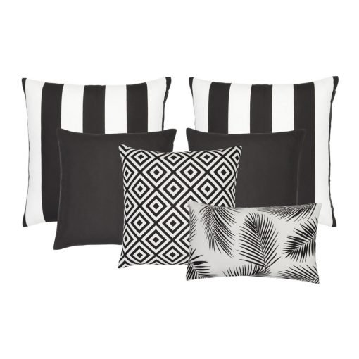A collection of six black and white outdoor cushions featuring striped, plain, geometric and botanical designs.