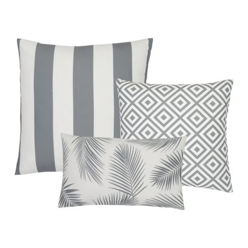 A collection of 3 grey outdoor cushion covers featuring striped, geometric and botanical designs.
