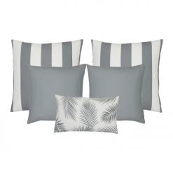 A collection of five grey outdoor cushions featuring striped, plain and botanical designs.