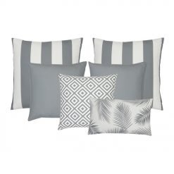 A collection of six grey outdoor cushions featuring striped, plain, geometric and botanical designs.