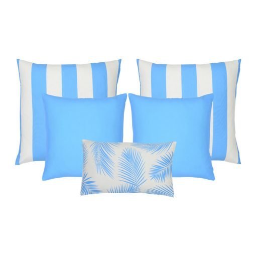 A collection of five light blue outdoor cushions featuring striped, plain and botanical designs.
