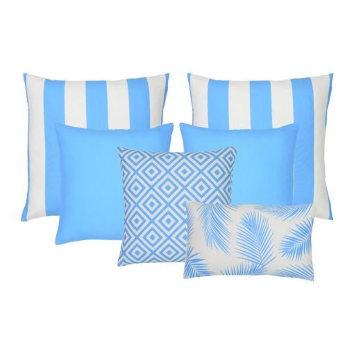 A collection of six light blue outdoor cushions featuring striped, plain, geometric and botanical designs.