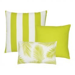 A collection of three lime green outdoor cushion covers featuring striped, plain and botanical designs.