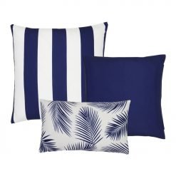 A collection of 3 navy outdoor cushions in botanical, plain and striped designs.