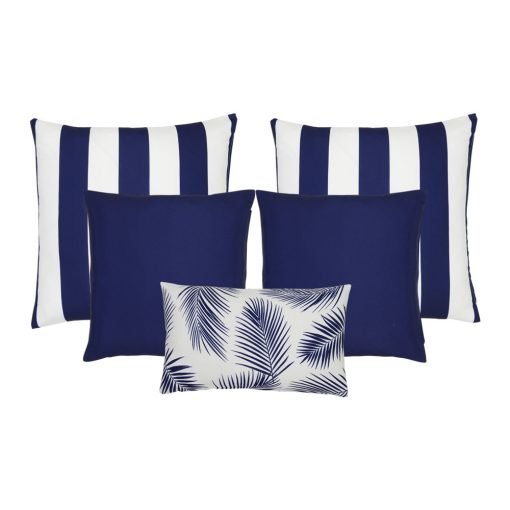 A collection of five navy blue coloured outdoor cushions featuring striped, plain and botanical designs.