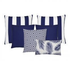 A collection of six navy blue outdoor cushions featuring striped, plain, geometric and botanical designs.