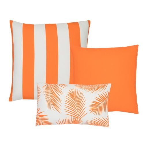 An image of one orange striped outdoor cushion, one plain orange outdoor cushion and a single rectangular orange botanical design outdoor cushion.
