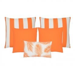 A collection of 5 orange outdoor cushions featuring striped, plain and botanical designs.