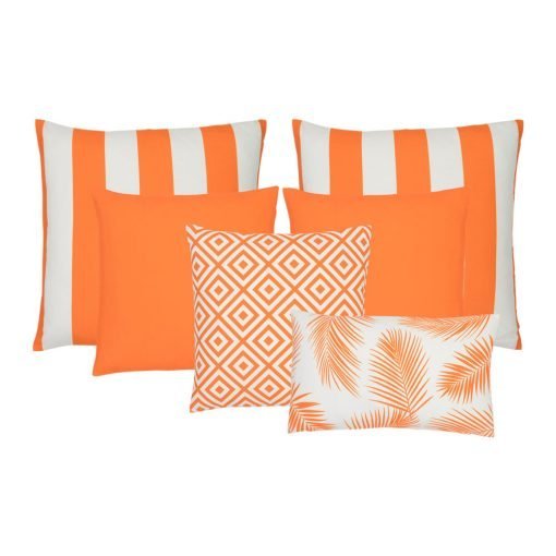 A collection of 6 orange outdoor cushions featuring striped, plain, geometric and botanical designs.
