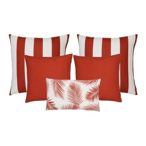 A collection of five red coloured outdoor cushions featuring striped, plain and botanical designs.