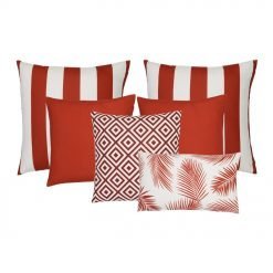 A collection of six red coloured outdoor cushions featuring striped, plain, geometric and botanical designs.