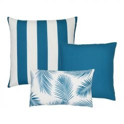 A collection of three teal coloured outdoor cushions featuring striped, plain and botanical designs.