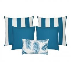 A collection on 5 teal outdoor cushions with striped, plain and botanical designs.