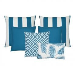 A collection of six teal coloured outdoor cushions featuring striped, plain, geometric and botanical designs.