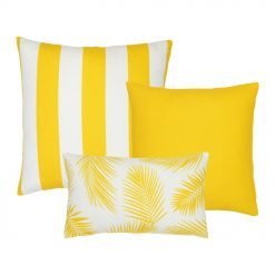 Collection of three yellow outdoor cushions featuring striped, plain and botanical designs.