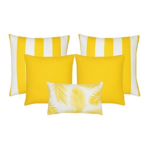 Collection of five yellow outdoor cushions featuring striped, plain and botanical designs.