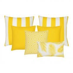 A collection of 6 yellow outdoor cushions with striped, plain, diamond pattern and botanical designs.