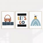 A set of three wall prints featuring fun car inspired designs.