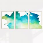 A set of three abstract A2 size wall prints in vibrant green hues.
