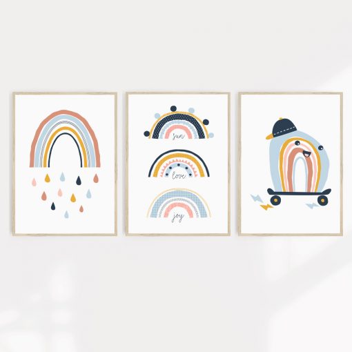 Fun rainbow themed kids wall art in a set of three A2 wall prints.