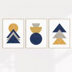 A set of three Scandi design inspired A2 wall prints with geometric shapes in mustard, grey and navy colours.