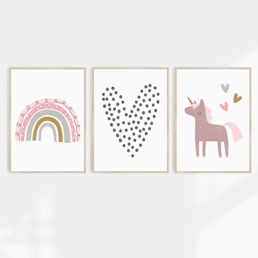 Unicorn, rainbow and heart kids wall art in a set of three A2 prints.