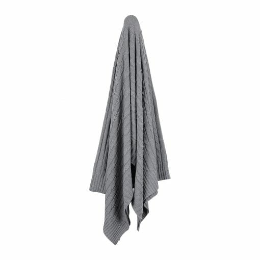 An image of a knitted throw blanket in light grey colour