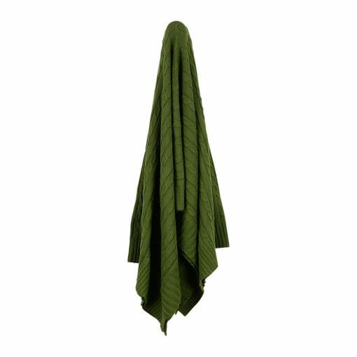 An image of a knitted throw blanket in olive green colour