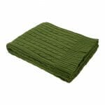 An image of a knitted olive green throw blanket