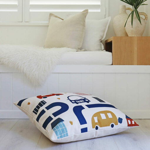 Colourful floor cushion with cars print