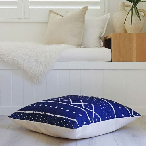 Floor cushion cover with tribal print in navy blue colour