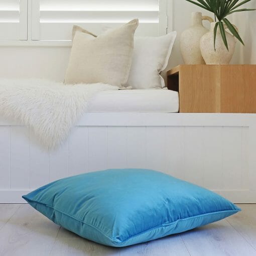 Velvet floor cushion cover in light teal colour