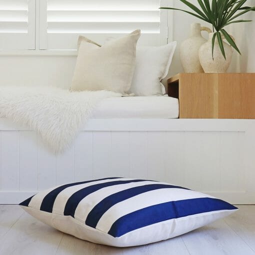 Striped floor cushion cover in blue and white colour