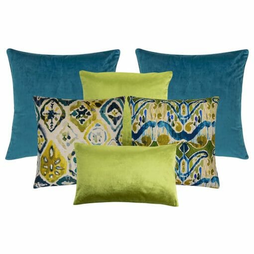 A set of cushion covers with tribal print in teal and olive green colours